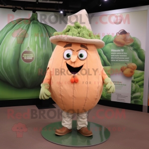 Peach Cabbage mascot costume character dressed with a Henley Shirt and Hat pins