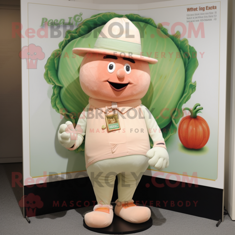 Peach Cabbage mascot costume character dressed with a Henley Shirt and Hat pins