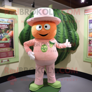 Peach Cabbage mascot costume character dressed with a Henley Shirt and Hat pins