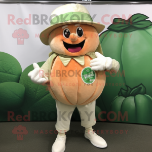 Peach Cabbage mascot costume character dressed with a Henley Shirt and Hat pins