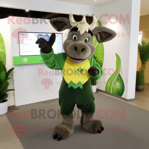 Olive Zebu mascot costume character dressed with a Romper and Gloves