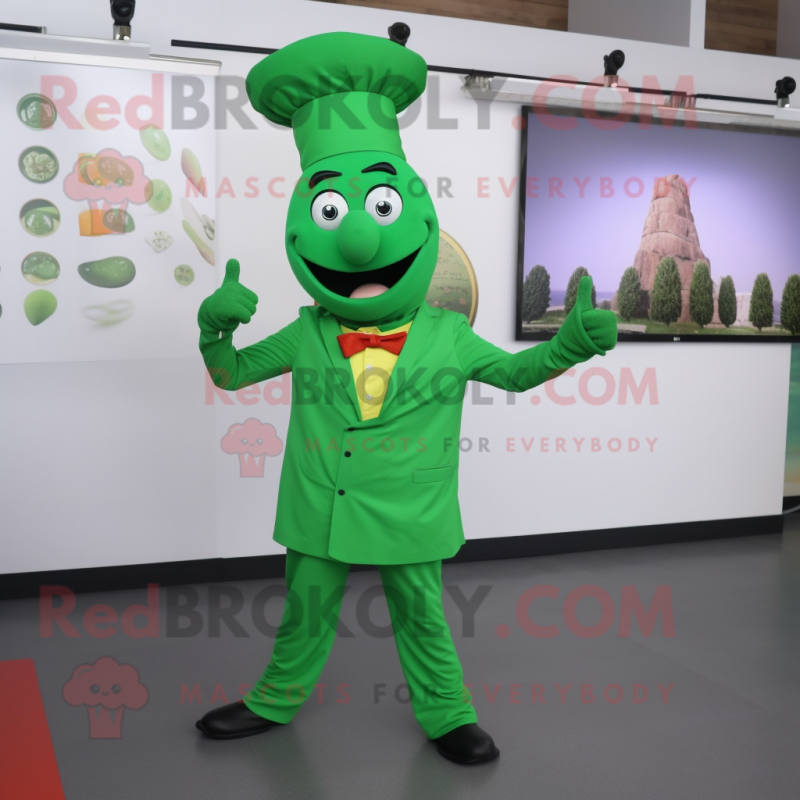Green Tikka Masala mascot costume character dressed with a Suit Pants and Belts Green Tikka Masala mascot costume character dressed with a Suit Pants and Belts