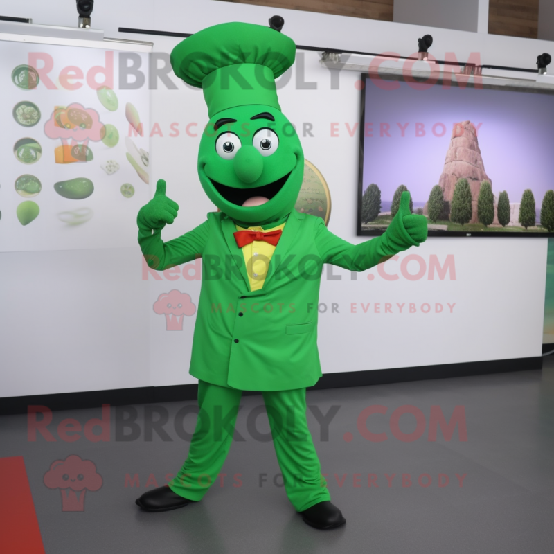 Green Tikka Masala mascot costume character dressed with a Suit Pants and Belts