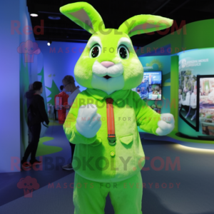 Lime Green Rabbit mascot costume character dressed with a Dress Shirt and Bracelets