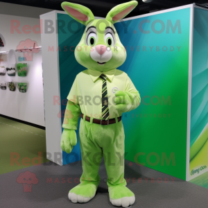 Lime Green Rabbit mascot costume character dressed with a Dress Shirt and Bracelets