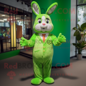 Lime Green Rabbit mascot costume character dressed with a Dress Shirt and Bracelets