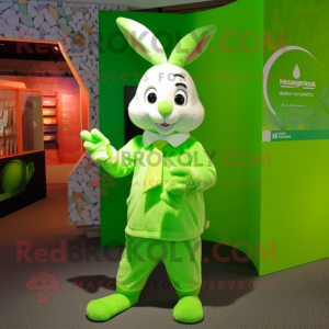 Lime Green Rabbit mascot costume character dressed with a Dress Shirt and Bracelets