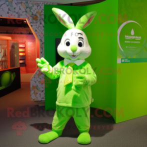 Lime Green Rabbit mascot costume character dressed with a Dress Shirt and Bracelets