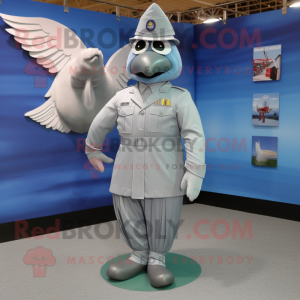 Silver Air Force Soldier mascot costume character dressed with a Pleated Skirt and Foot pads
