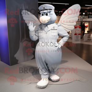 Silver Air Force Soldier mascot costume character dressed with a Pleated Skirt and Foot pads