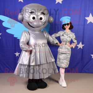 Silver Air Force Soldier mascot costume character dressed with a Pleated Skirt and Foot pads