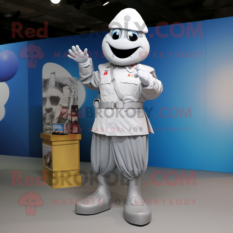 Silver Air Force Soldier mascot costume character dressed with a Pleated Skirt and Foot pads