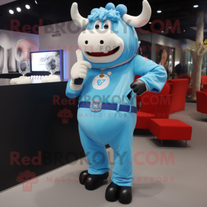 Sky Blue Steak mascot costume character dressed with a Polo Tee and Digital watches