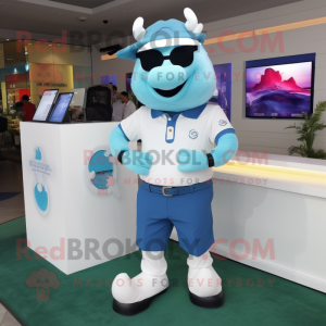 Sky Blue Steak mascot costume character dressed with a Polo Tee and Digital watches