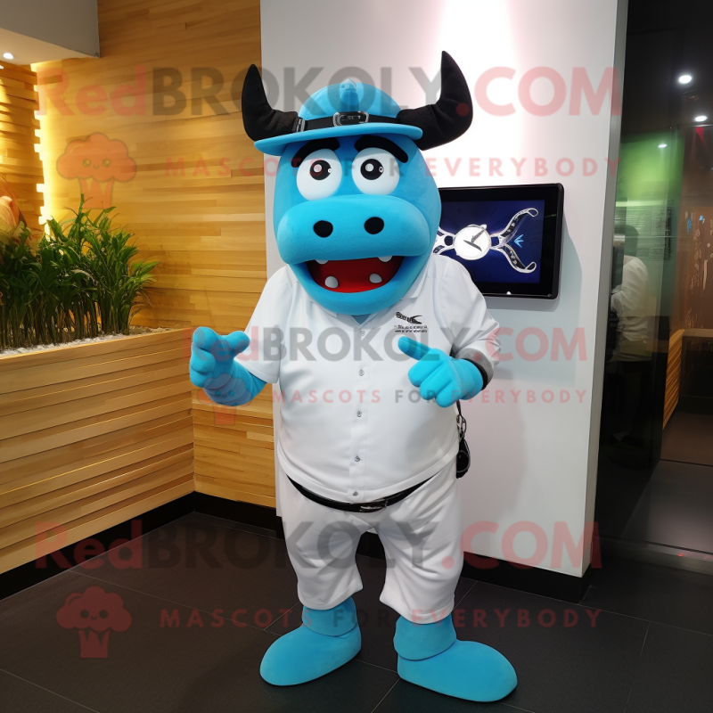 Sky Blue Steak mascot costume character dressed with a Polo Tee and Digital watches