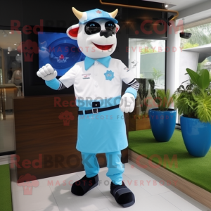 Sky Blue Steak mascot costume character dressed with a Polo Tee and Digital watches