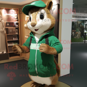 Green Squirrel mascot costume character dressed with a Rugby Shirt and Shawl pins