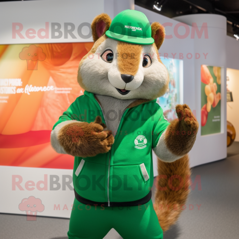 Green Squirrel mascot costume character dressed with a Rugby Shirt and Shawl pins