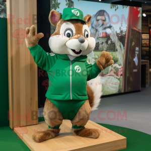 Green Squirrel mascot costume character dressed with a Rugby Shirt and Shawl pins