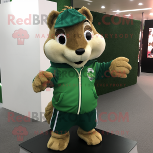 Green Squirrel mascot costume character dressed with a Rugby Shirt and Shawl pins