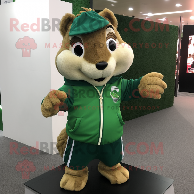 Green Squirrel mascot costume character dressed with a Rugby Shirt and Shawl pins