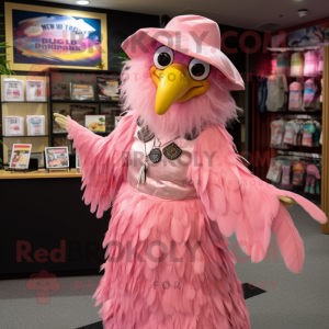 Pink Haast'S Eagle mascot costume character dressed with a Maxi Dress and Berets