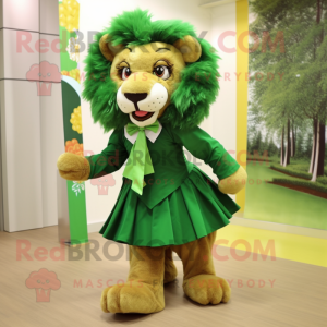 Forest Green Lion mascot costume character dressed with a Skirt and Bow ties