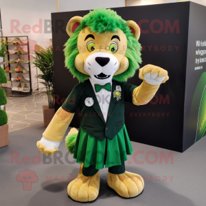 Forest Green Lion mascot costume character dressed with a Skirt and Bow ties