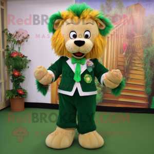 Forest Green Lion mascot costume character dressed with a Skirt and Bow ties