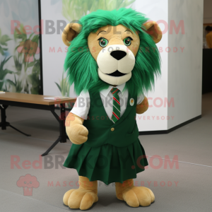 Forest Green Lion mascot costume character dressed with a Skirt and Bow ties