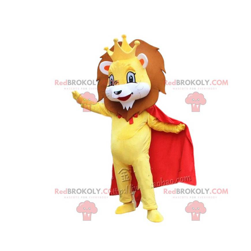 Mascota del león amarillo con una capa roja y una corona -