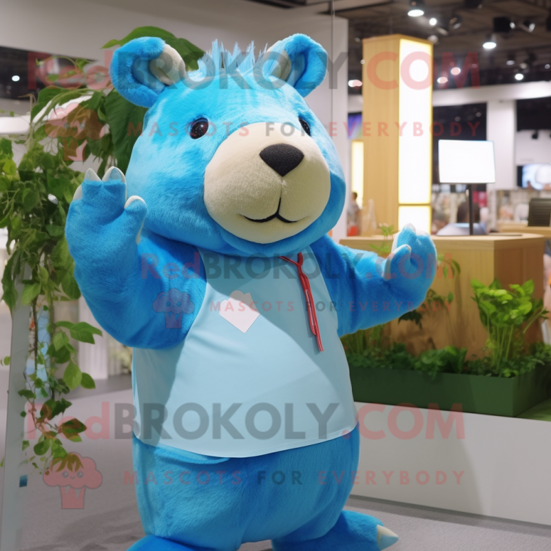Sky Blue Capybara mascot costume character dressed with a Poplin Shirt and Headbands Sky Blue Capybara mascot costume character dressed with a Poplin Shirt and Headbands