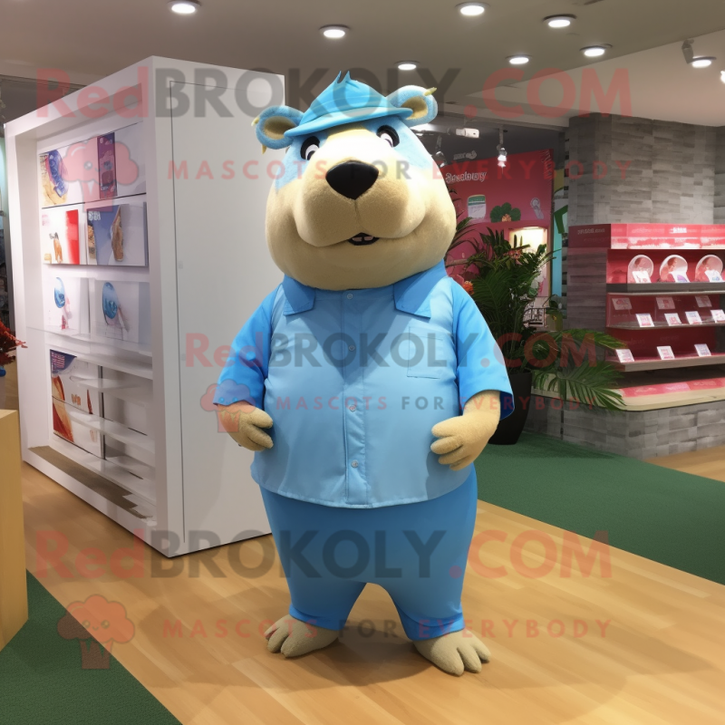 Sky Blue Capybara mascot costume character dressed with a Poplin Shirt and Headbands