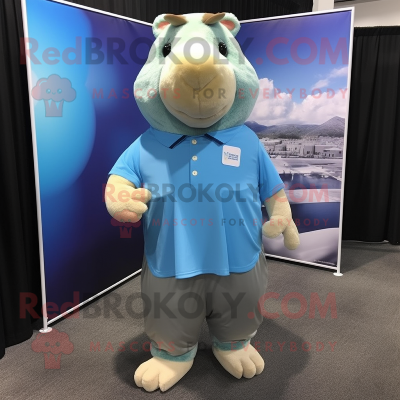 Sky Blue Capybara mascot costume character dressed with a Poplin Shirt and Headbands