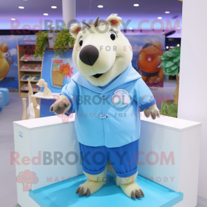 Sky Blue Capybara mascot costume character dressed with a Poplin Shirt and Headbands