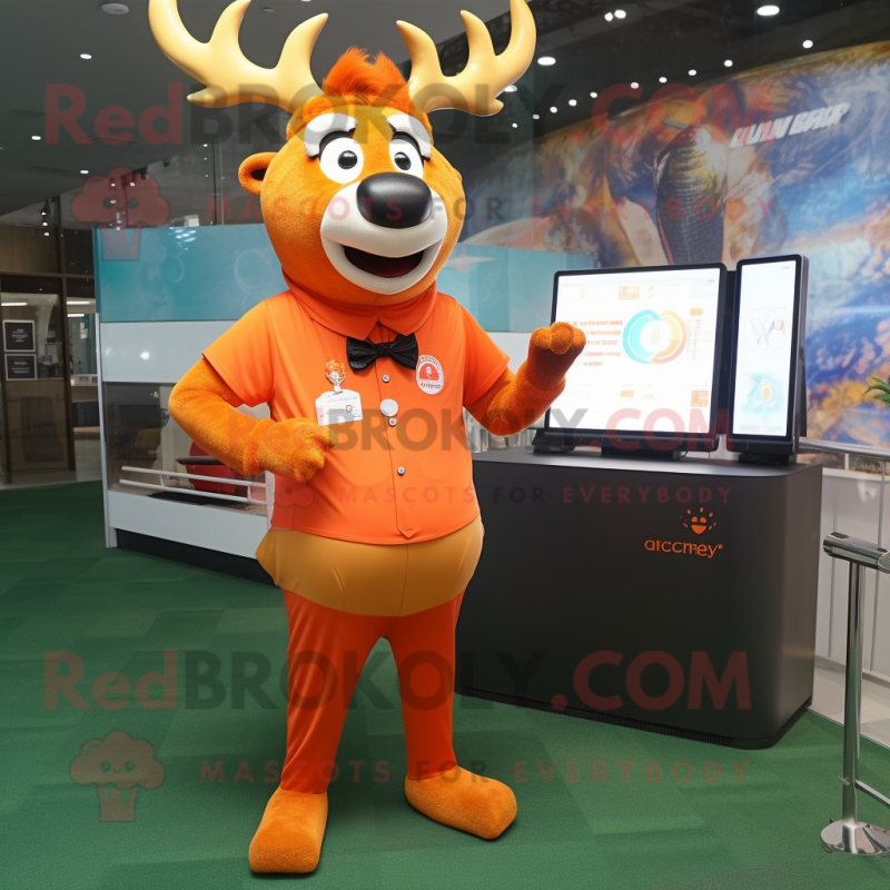 Orange Elk mascot costume character dressed with a Dress Shirt and Digital watches