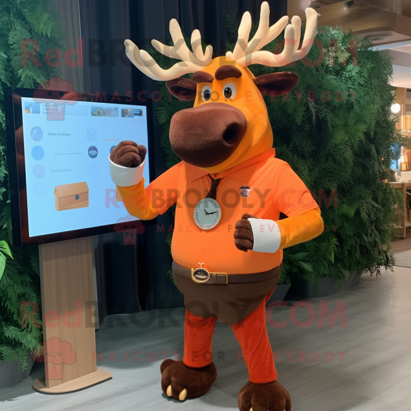 Orange Elk mascot costume character dressed with a Dress Shirt and Digital watches