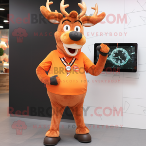 Orange Elk mascot costume character dressed with a Dress Shirt and Digital watches