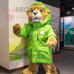 Lime Green Mountain Lion mascot costume character dressed with a Parka and Cummerbunds