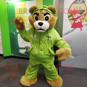 Lime Green Mountain Lion mascot costume character dressed with a Parka and Cummerbunds