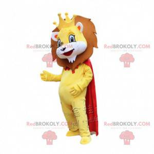 Mascotte de lion jaune avec une cape rouge et une couronne -