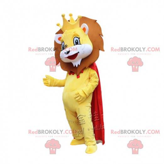Mascotte gele leeuw met een rode cape en een kroon -