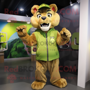 Lime Green Mountain Lion mascot costume character dressed with a Parka and Cummerbunds