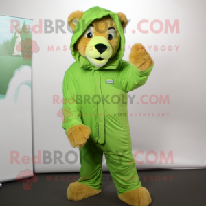 Lime Green Mountain Lion mascot costume character dressed with a Parka and Cummerbunds