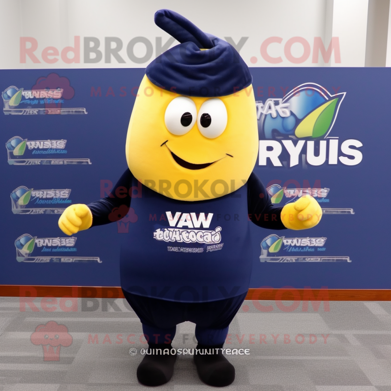 Navy Squash mascot costume character dressed with a Hoodie and Tie pins