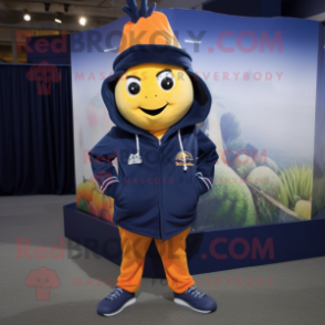 Navy Squash mascot costume character dressed with a Hoodie and Tie pins