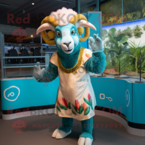 Teal Ram mascot costume character dressed with a Bikini and Earrings