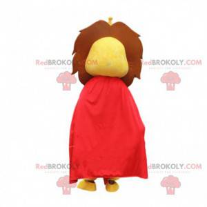 Mascotte de lion jaune avec une cape rouge et une couronne -