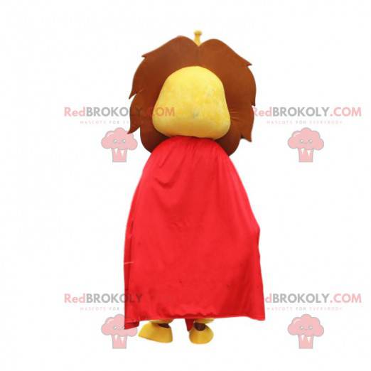 Mascotte de lion jaune avec une cape rouge et une couronne -