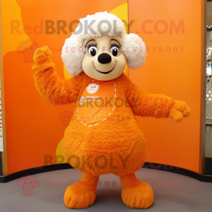 Orange Merino Sheep mascot costume character dressed with a Circle Skirt and Gloves